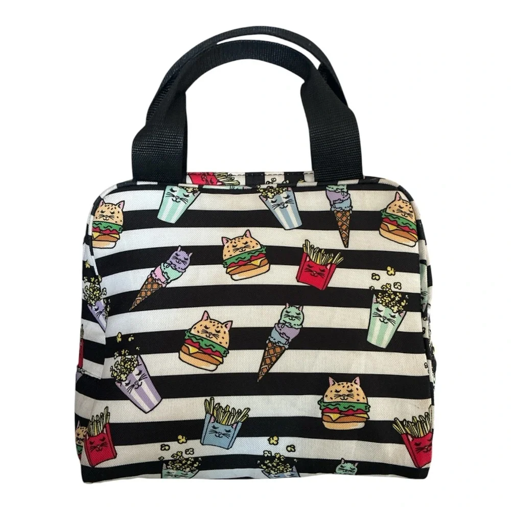 Betsey Johnson Insulated Lunch Bag Cat Print Tote Whimsical Black White Striped